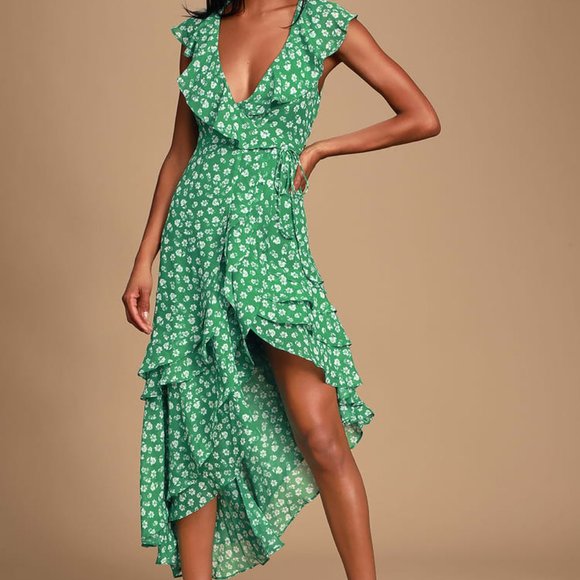 Lulus Dresses & Skirts - NWT LuLu's M Green Floral Print Ruffle Wrap Midi Dress